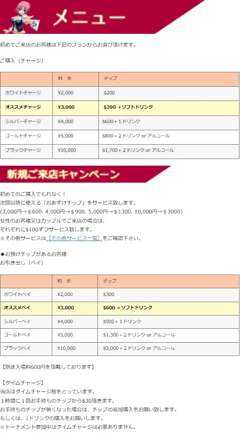 メイド&ガールズカジノRitzの料金システム
