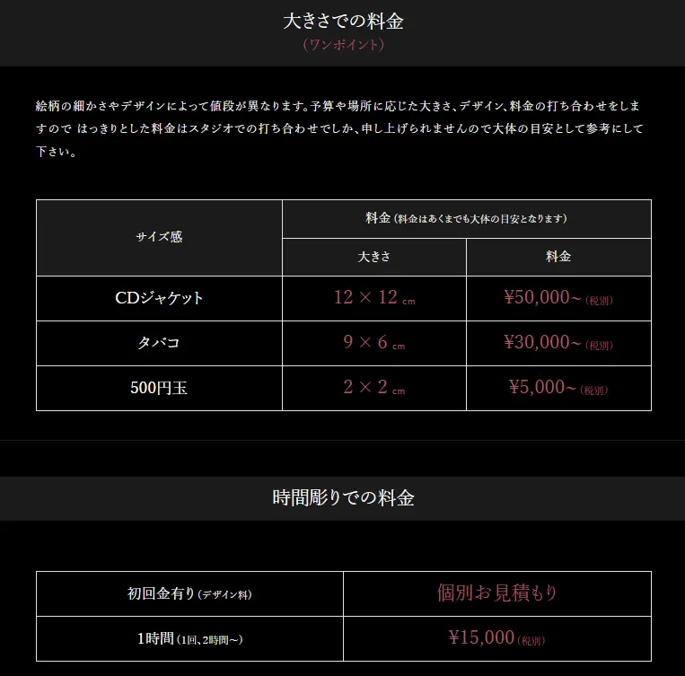 TATTOOスタジオBee's Sting 料金表