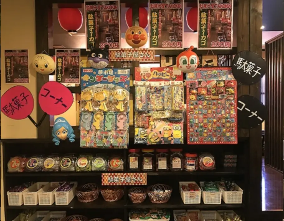 アンパンマンやプリキュアの仮面が飾られていて、色んな種類の駄菓子が置かれている様子の写真