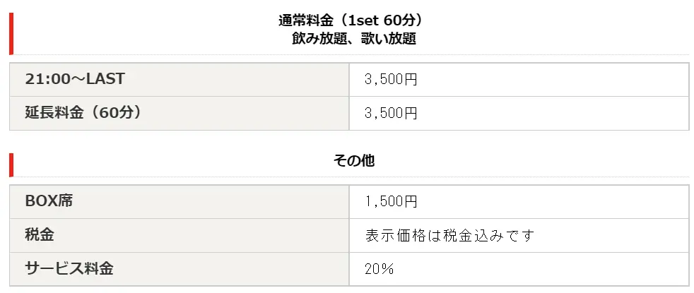 Lady's Bar Pure　料金設定